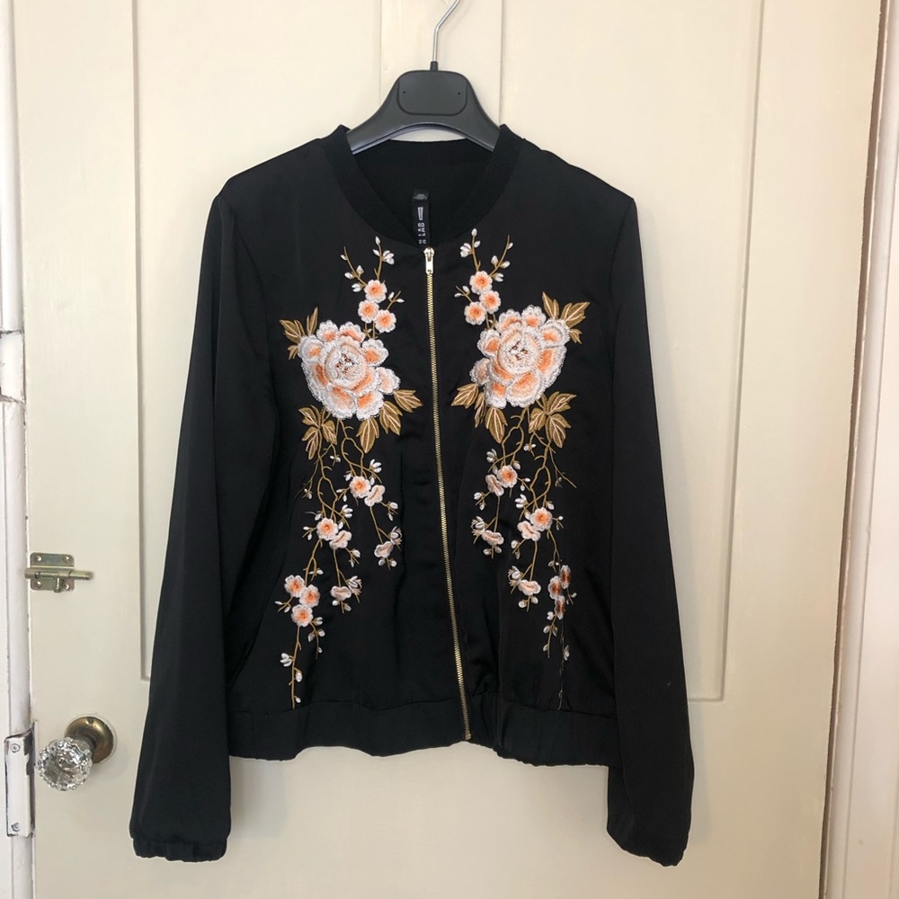 Embroidered satin bomber jacket
